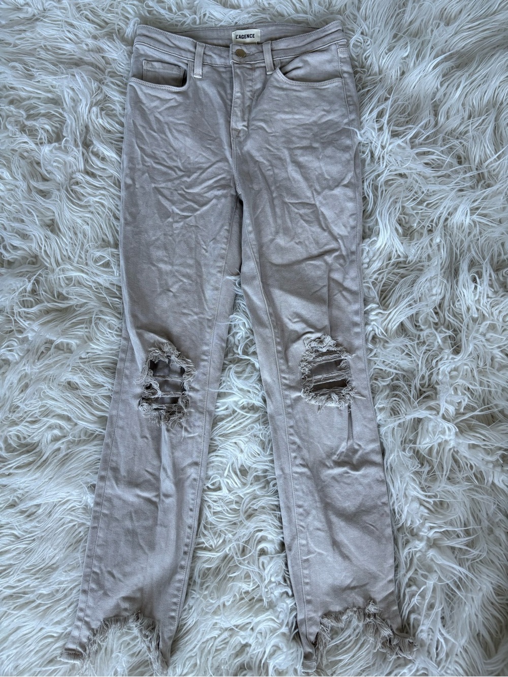 L'AGENCE Beige Distressed Raw Hem Straight Leg Jeans Size 25